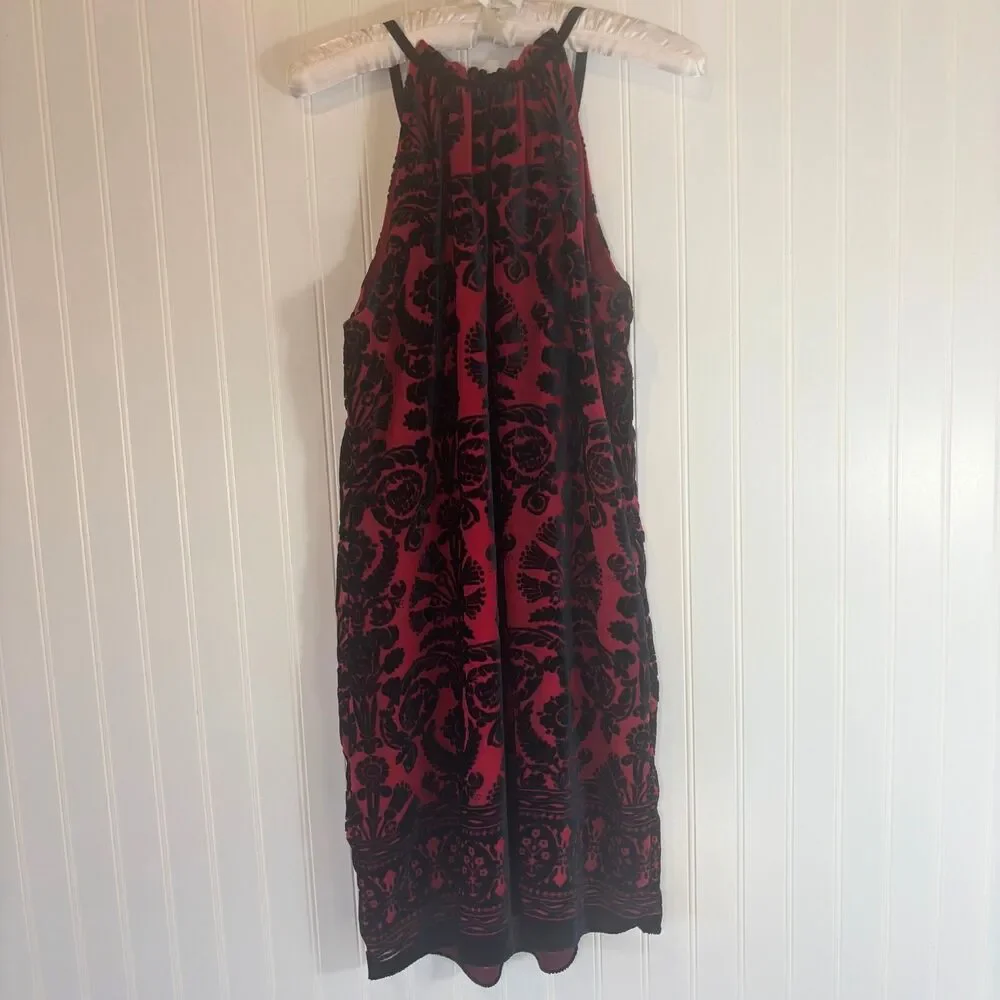 Red Black Womens Damask Dress Size M Velvet Ornate Cocktail Romantic Tapestry - Picture 15 of 15